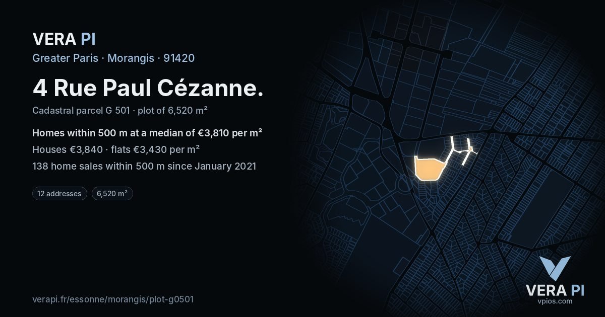 4 Rue Paul Cézanne, Morangis at night – the plot lit, the parcels around coloured by the prices near them