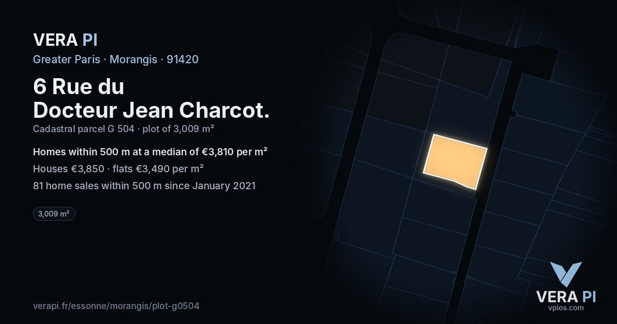 6 Rue du Docteur Jean Charcot, Morangis at night – the plot lit, the parcels around coloured by the prices near them