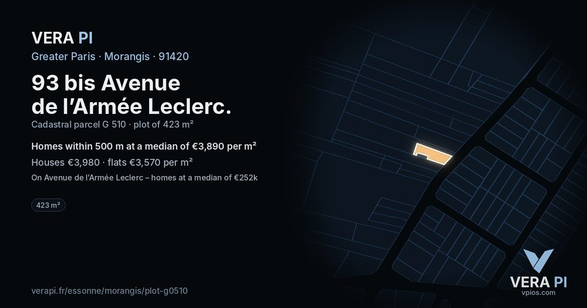 93 bis Avenue de l’Armée Leclerc, Morangis at night – the plot lit, the parcels around coloured by the prices near them