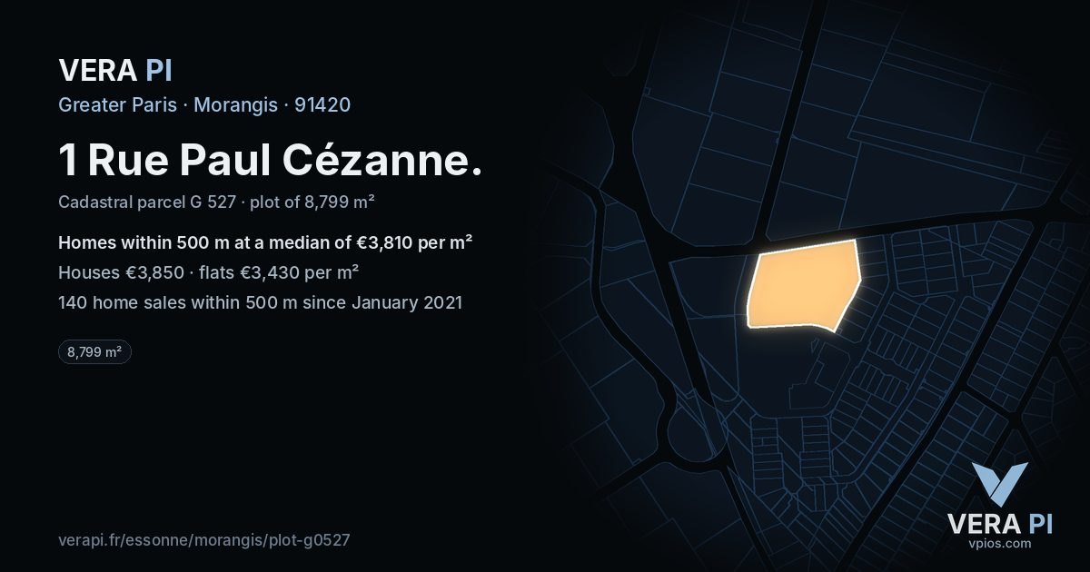1 Rue Paul Cézanne, Morangis at night – the plot lit, the parcels around coloured by the prices near them