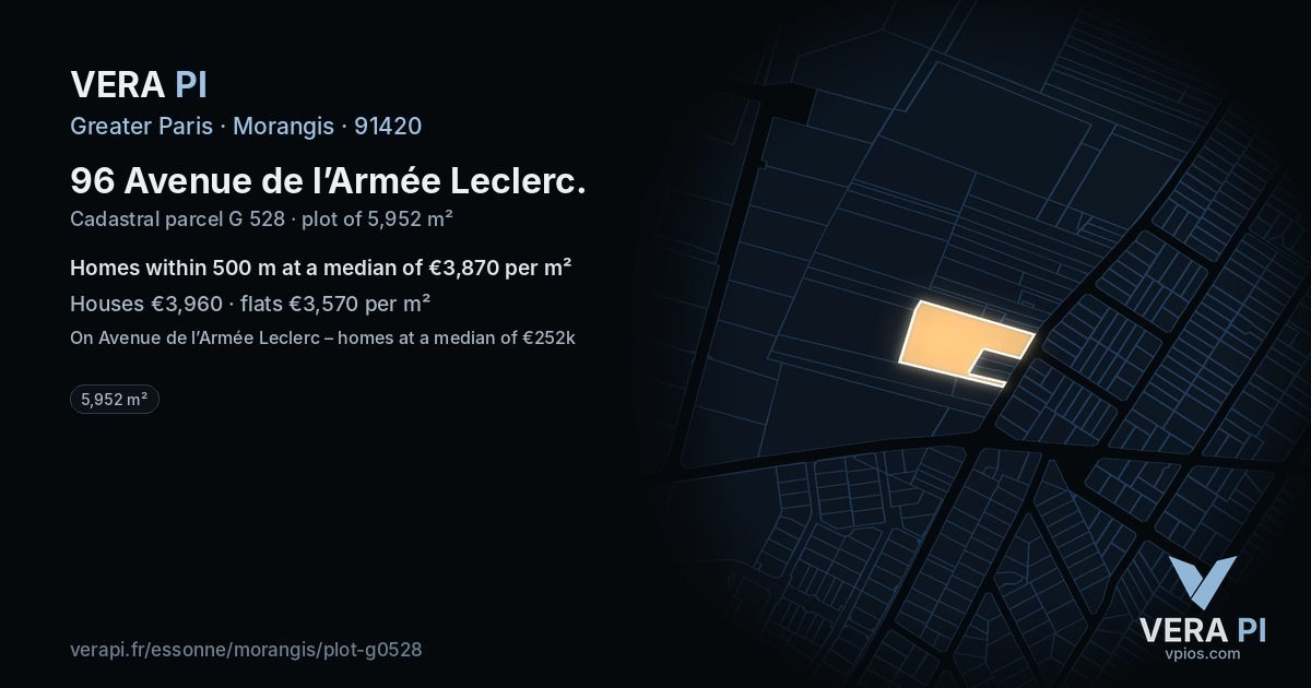 96 Avenue de l’Armée Leclerc, Morangis at night – the plot lit, the parcels around coloured by the prices near them