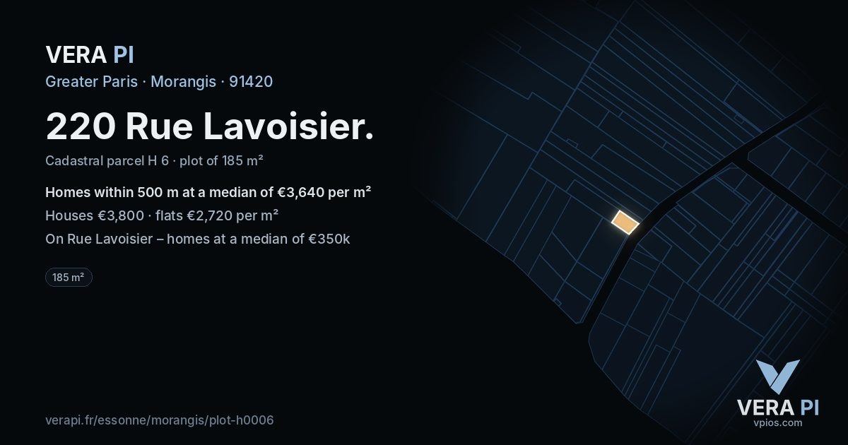 220 Rue Lavoisier, Morangis at night – the plot lit, the parcels around coloured by the prices near them