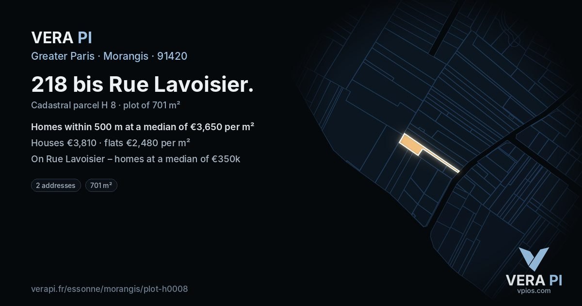 218 bis Rue Lavoisier, Morangis at night – the plot lit, the parcels around coloured by the prices near them
