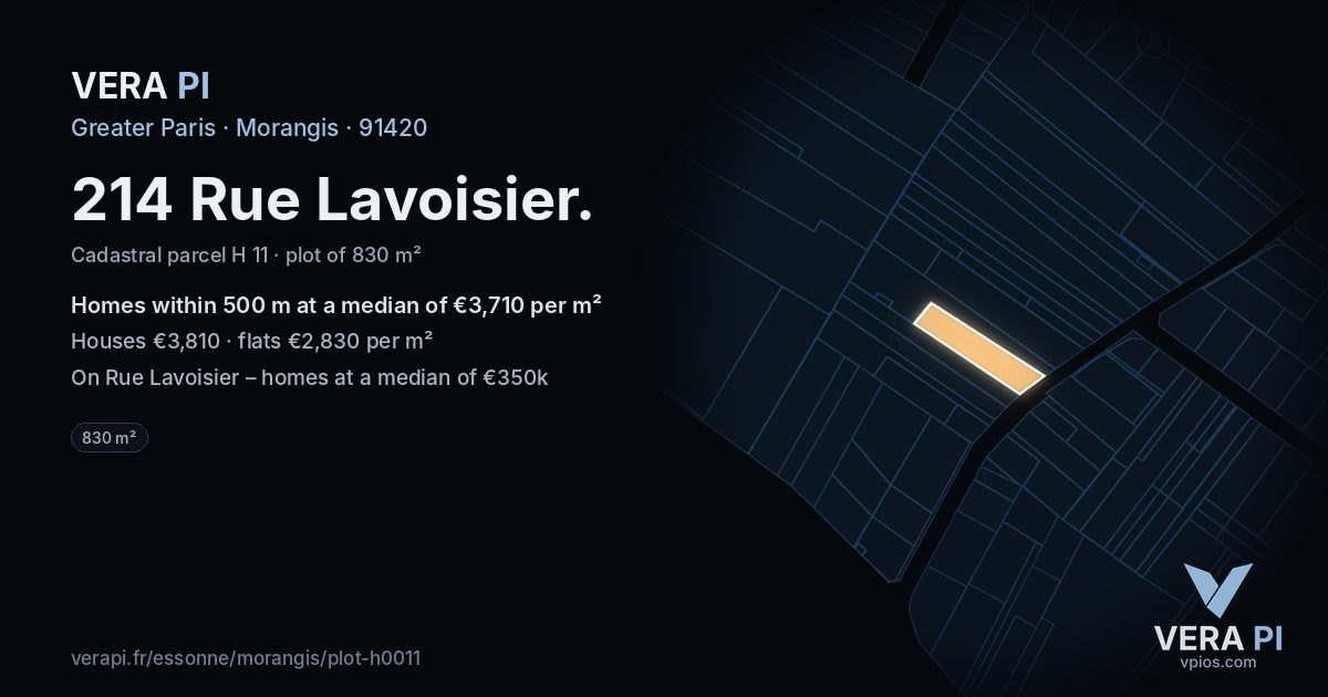 214 Rue Lavoisier, Morangis at night – the plot lit, the parcels around coloured by the prices near them