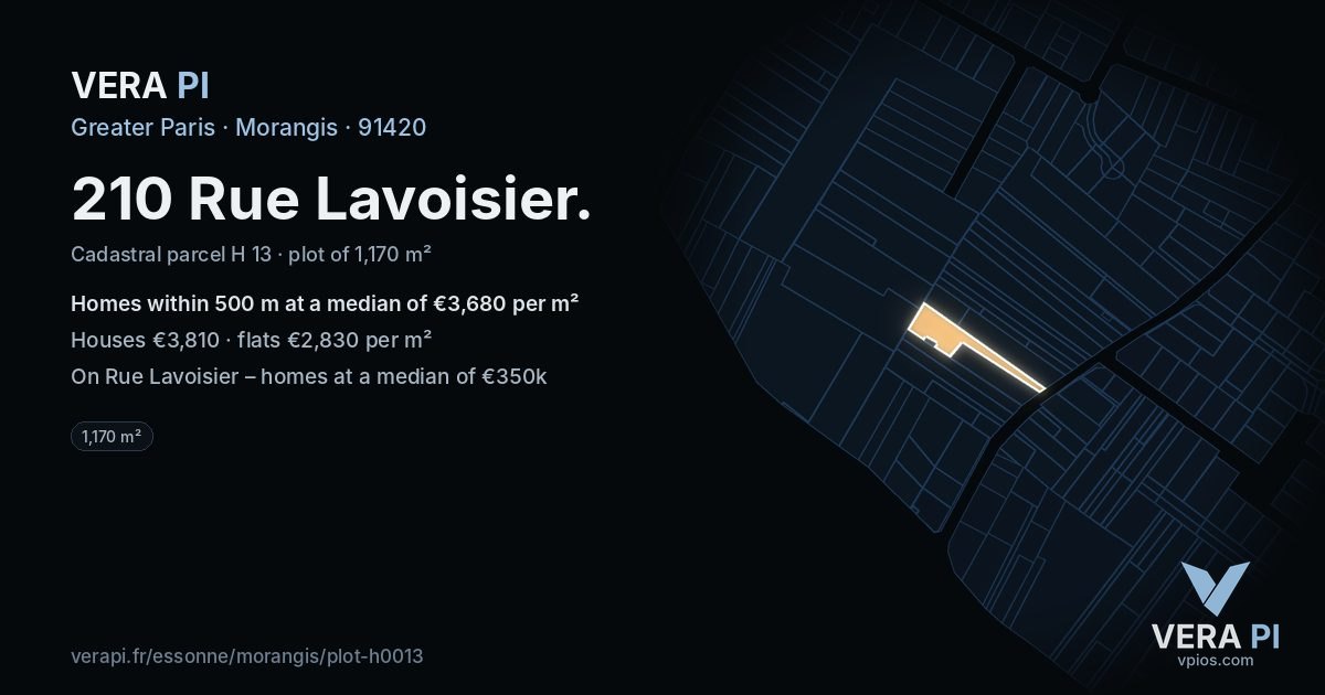 210 Rue Lavoisier, Morangis at night – the plot lit, the parcels around coloured by the prices near them