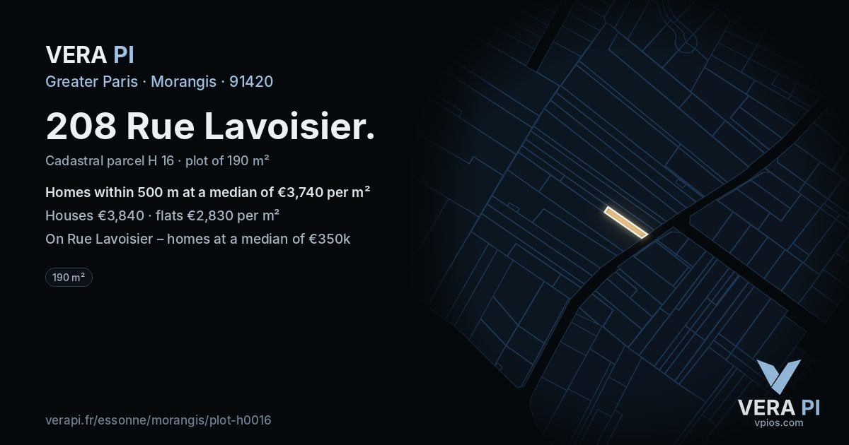 208 Rue Lavoisier, Morangis at night – the plot lit, the parcels around coloured by the prices near them