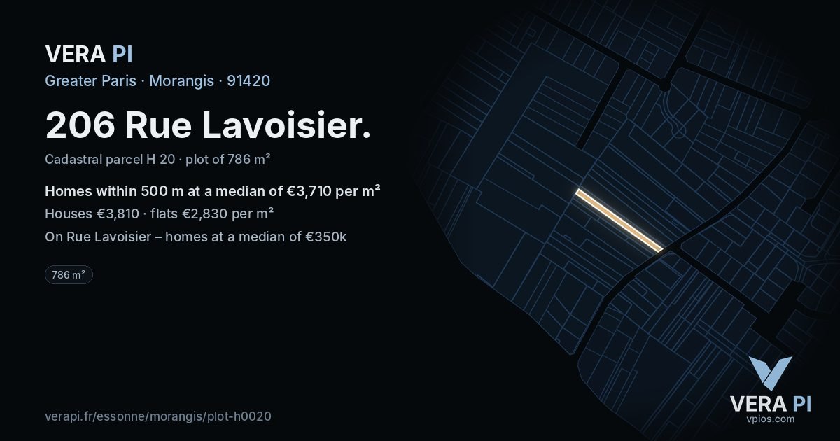 206 Rue Lavoisier, Morangis at night – the plot lit, the parcels around coloured by the prices near them