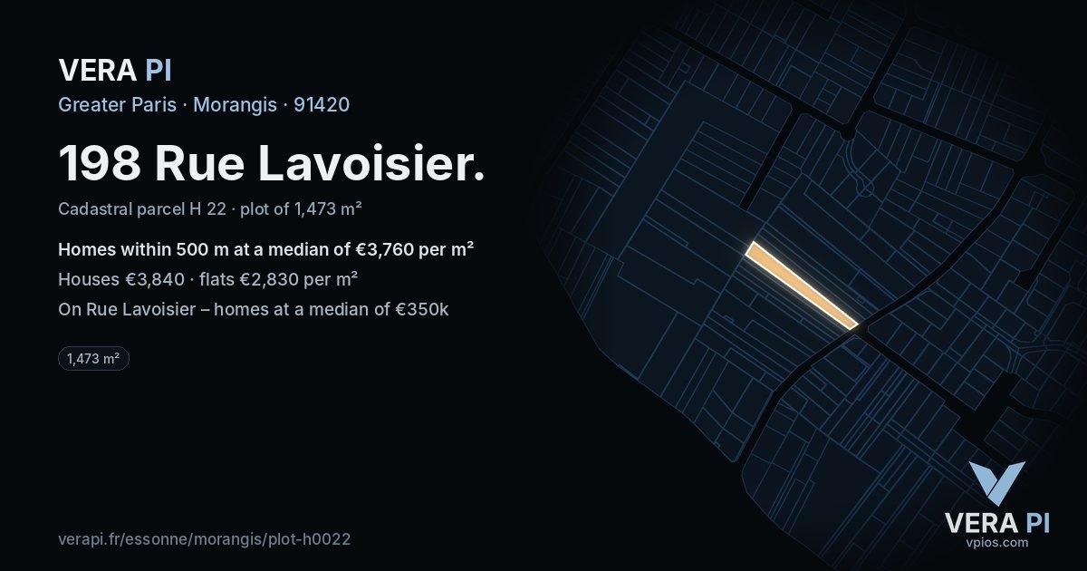 198 Rue Lavoisier, Morangis at night – the plot lit, the parcels around coloured by the prices near them