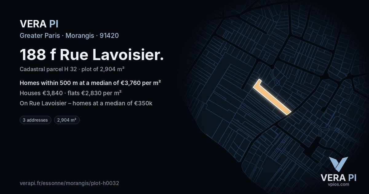 188 f Rue Lavoisier, Morangis at night – the plot lit, the parcels around coloured by the prices near them