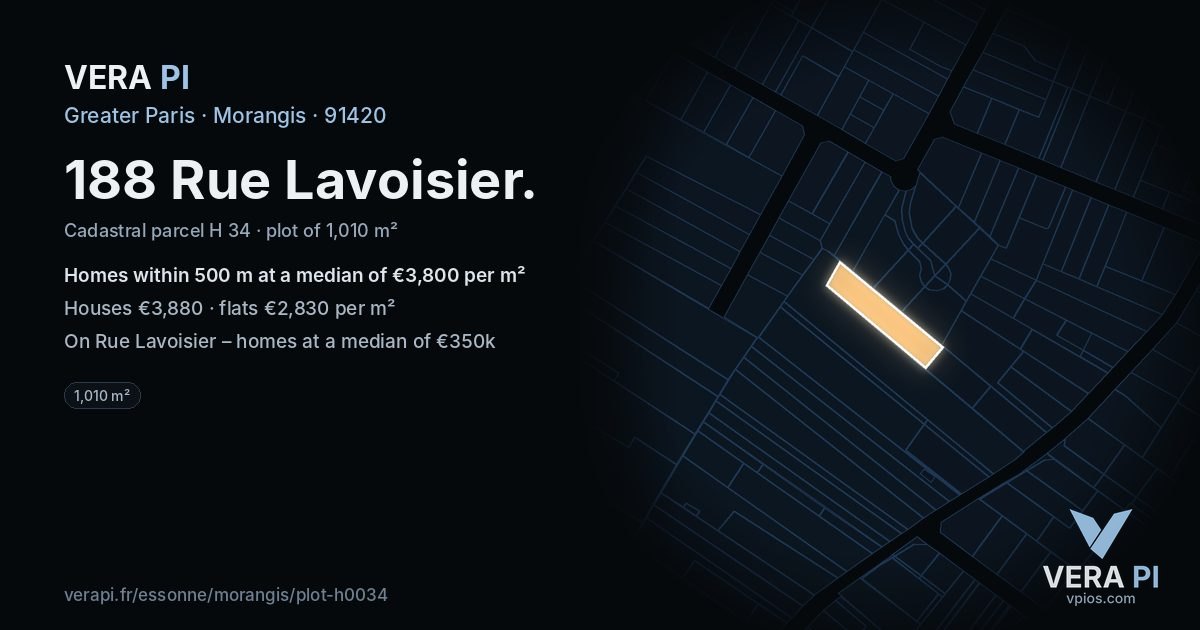 188 Rue Lavoisier, Morangis at night – the plot lit, the parcels around coloured by the prices near them