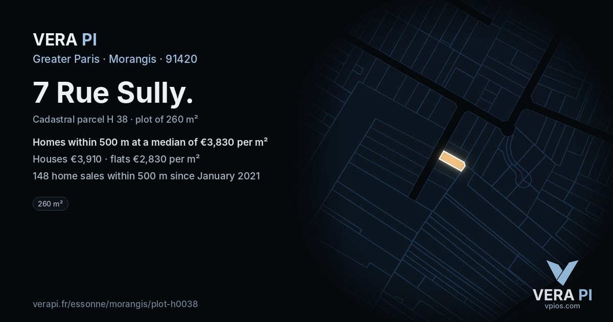 7 Rue Sully, Morangis at night – the plot lit, the parcels around coloured by the prices near them