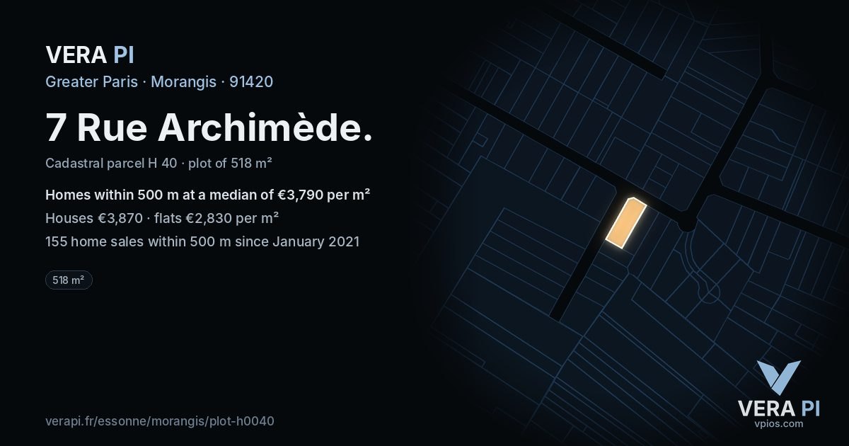 7 Rue Archimède, Morangis at night – the plot lit, the parcels around coloured by the prices near them