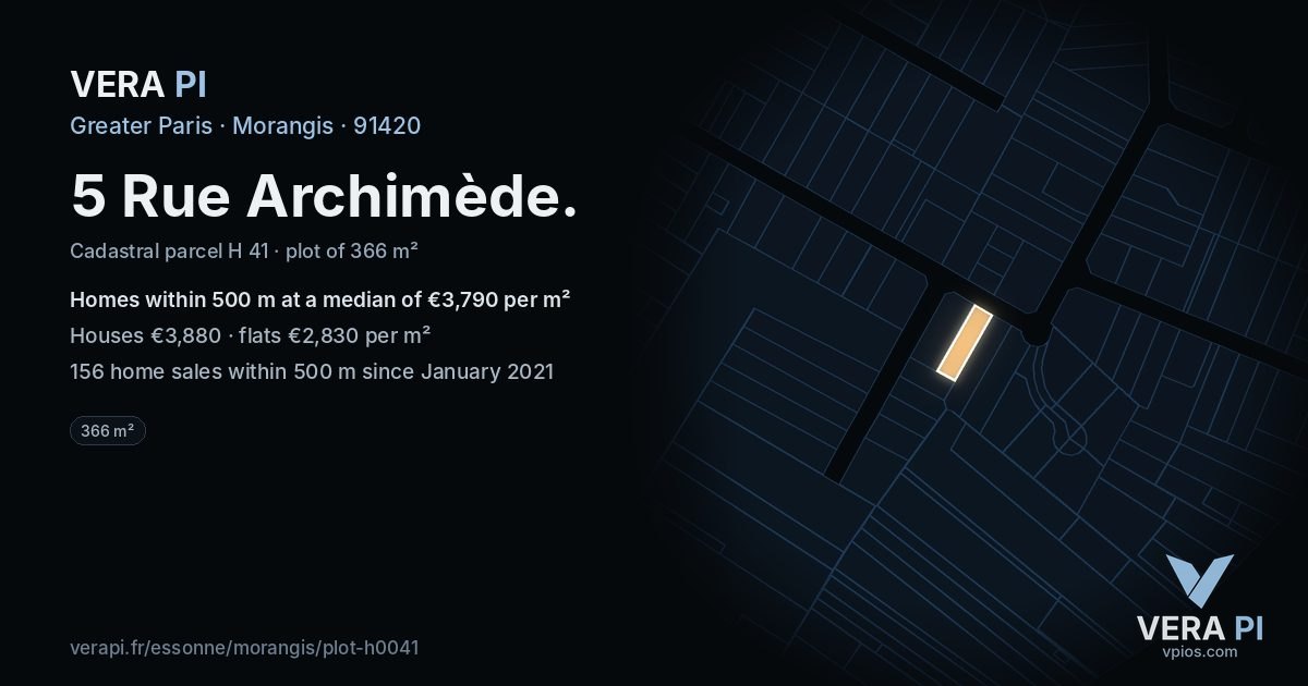 5 Rue Archimède, Morangis at night – the plot lit, the parcels around coloured by the prices near them