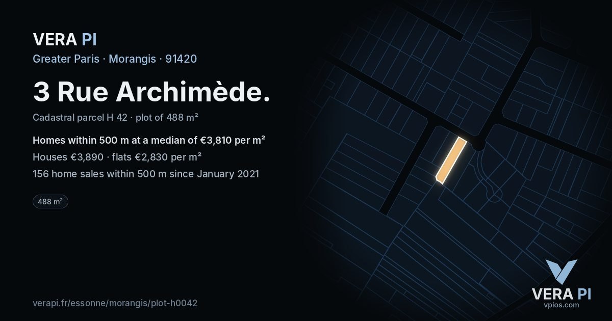 3 Rue Archimède, Morangis at night – the plot lit, the parcels around coloured by the prices near them