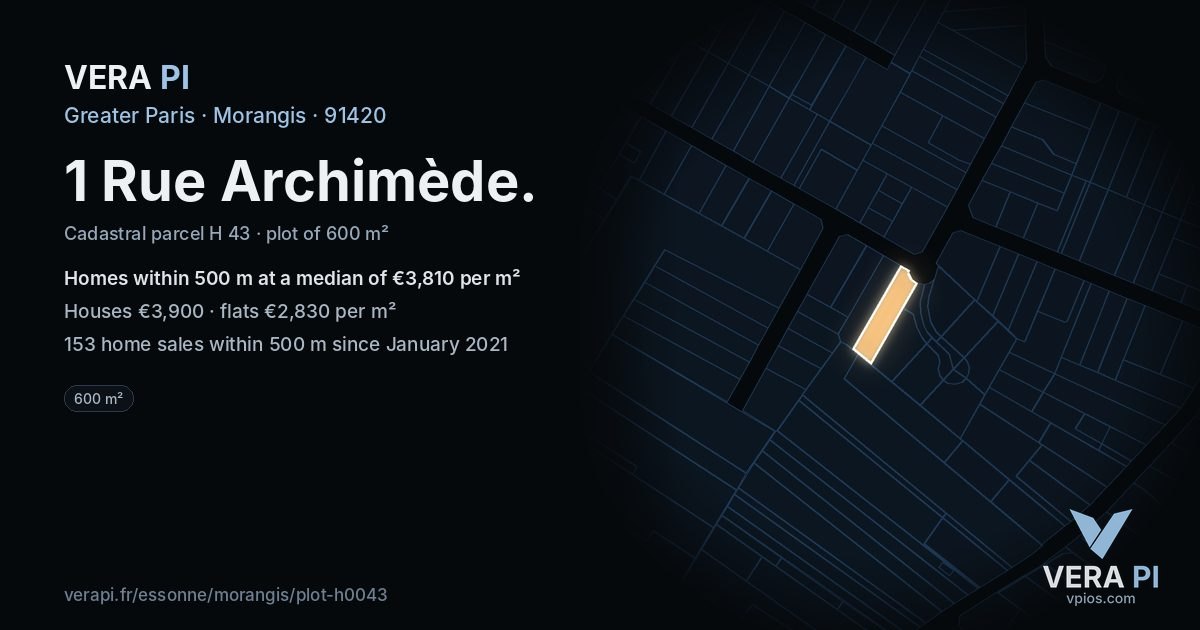 1 Rue Archimède, Morangis at night – the plot lit, the parcels around coloured by the prices near them