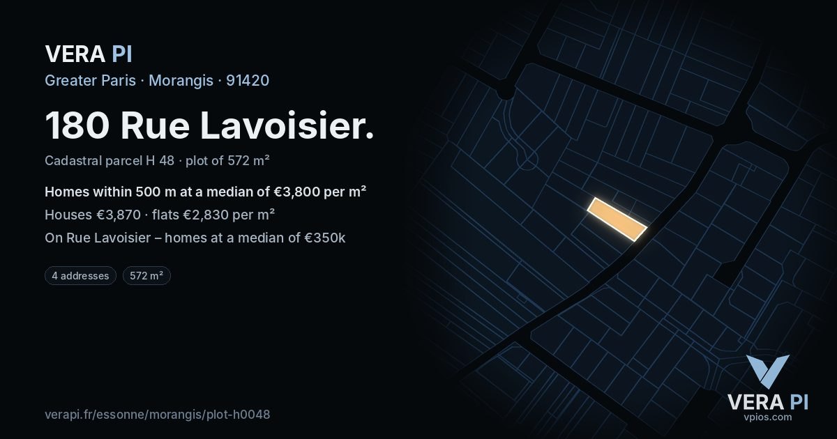 180 Rue Lavoisier, Morangis at night – the plot lit, the parcels around coloured by the prices near them
