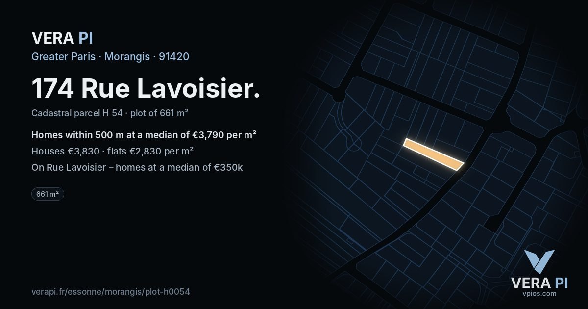 174 Rue Lavoisier, Morangis at night – the plot lit, the parcels around coloured by the prices near them