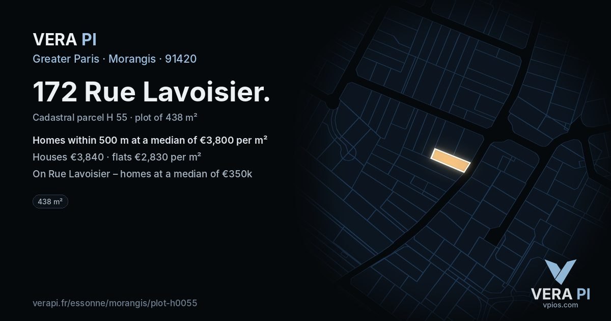 172 Rue Lavoisier, Morangis at night – the plot lit, the parcels around coloured by the prices near them