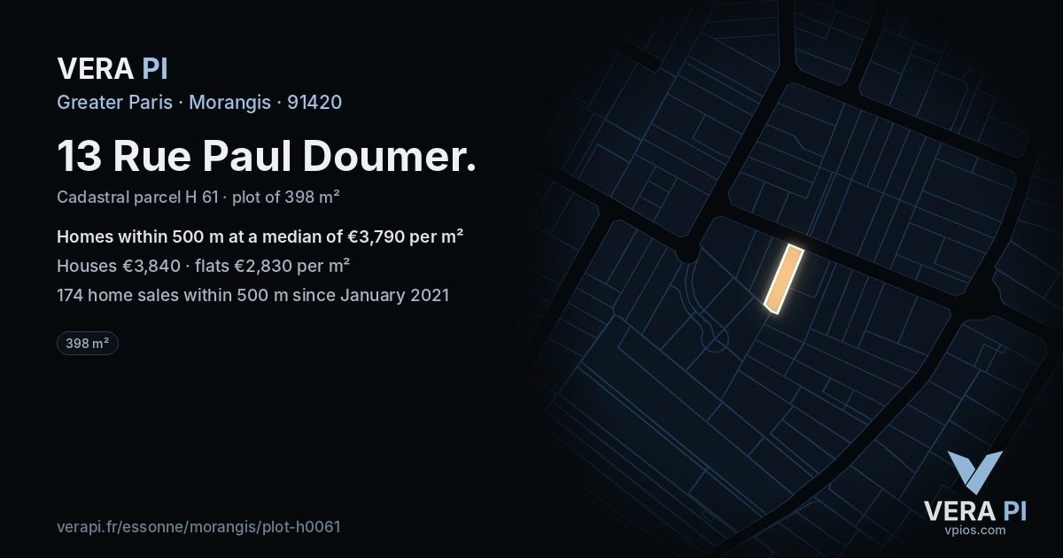 13 Rue Paul Doumer, Morangis at night – the plot lit, the parcels around coloured by the prices near them