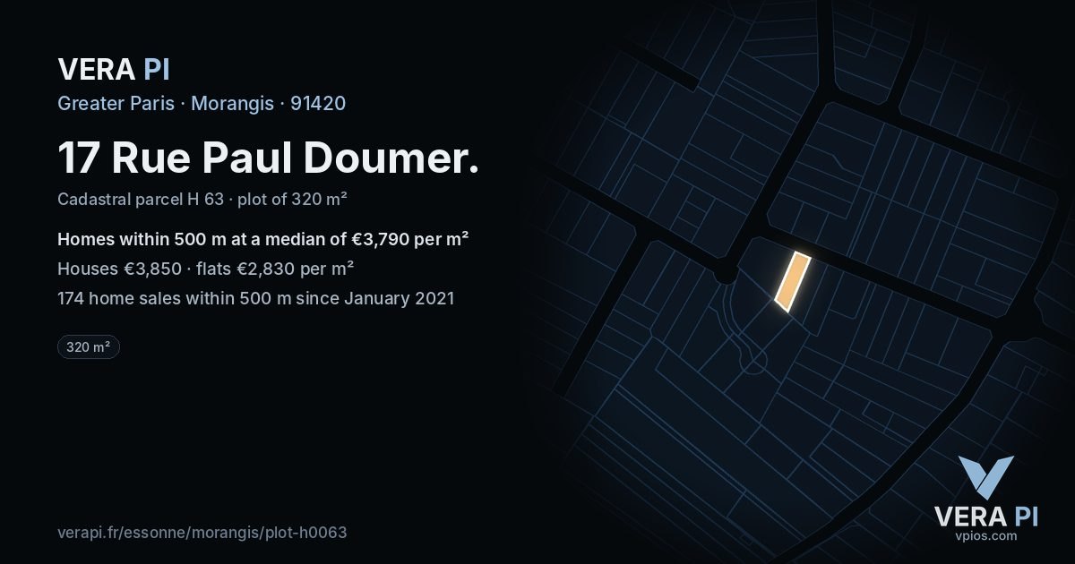 17 Rue Paul Doumer, Morangis at night – the plot lit, the parcels around coloured by the prices near them