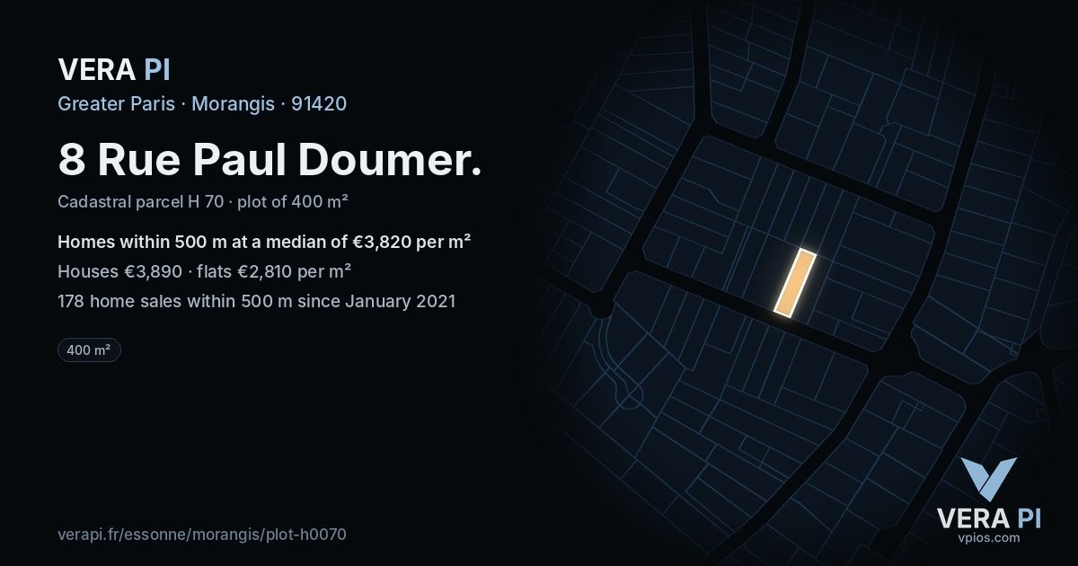 8 Rue Paul Doumer, Morangis at night – the plot lit, the parcels around coloured by the prices near them