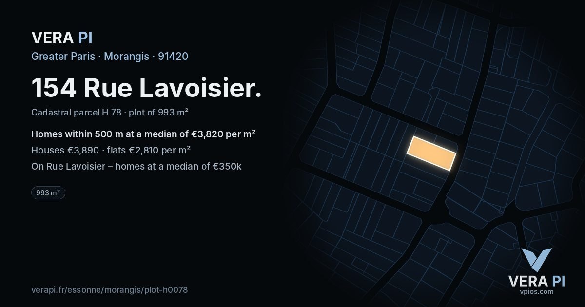 154 Rue Lavoisier, Morangis at night – the plot lit, the parcels around coloured by the prices near them