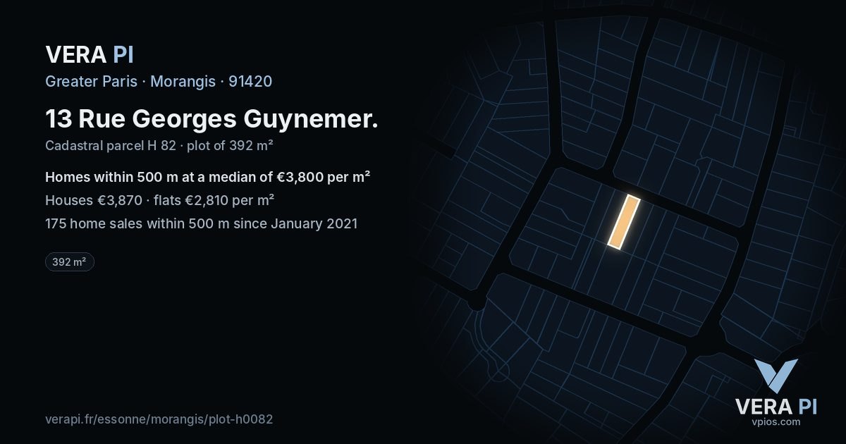 13 Rue Georges Guynemer, Morangis at night – the plot lit, the parcels around coloured by the prices near them