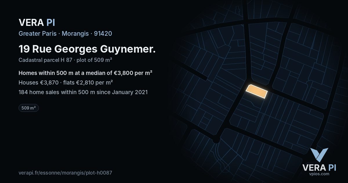 19 Rue Georges Guynemer, Morangis at night – the plot lit, the parcels around coloured by the prices near them