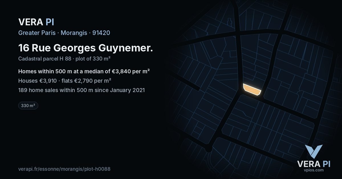 16 Rue Georges Guynemer, Morangis at night – the plot lit, the parcels around coloured by the prices near them