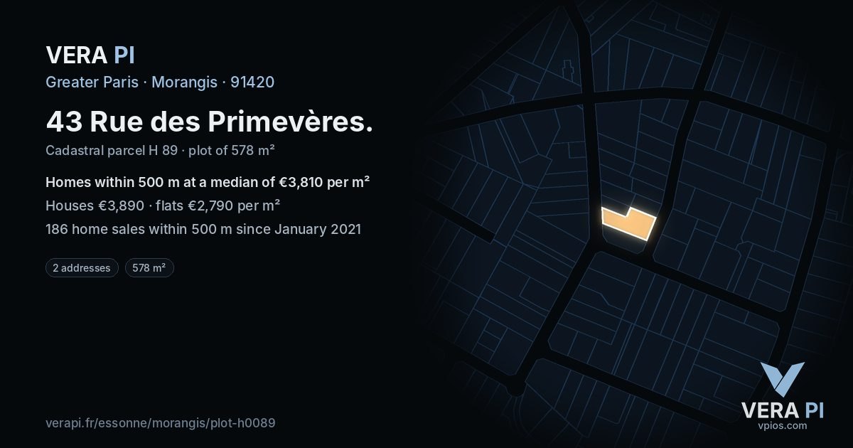 43 Rue des Primevères, Morangis at night – the plot lit, the parcels around coloured by the prices near them