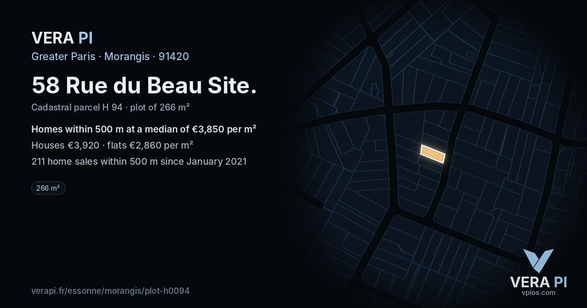 58 Rue du Beau Site, Morangis at night – the plot lit, the parcels around coloured by the prices near them
