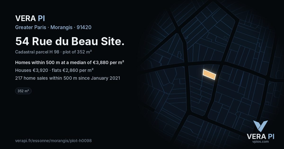54 Rue du Beau Site, Morangis at night – the plot lit, the parcels around coloured by the prices near them