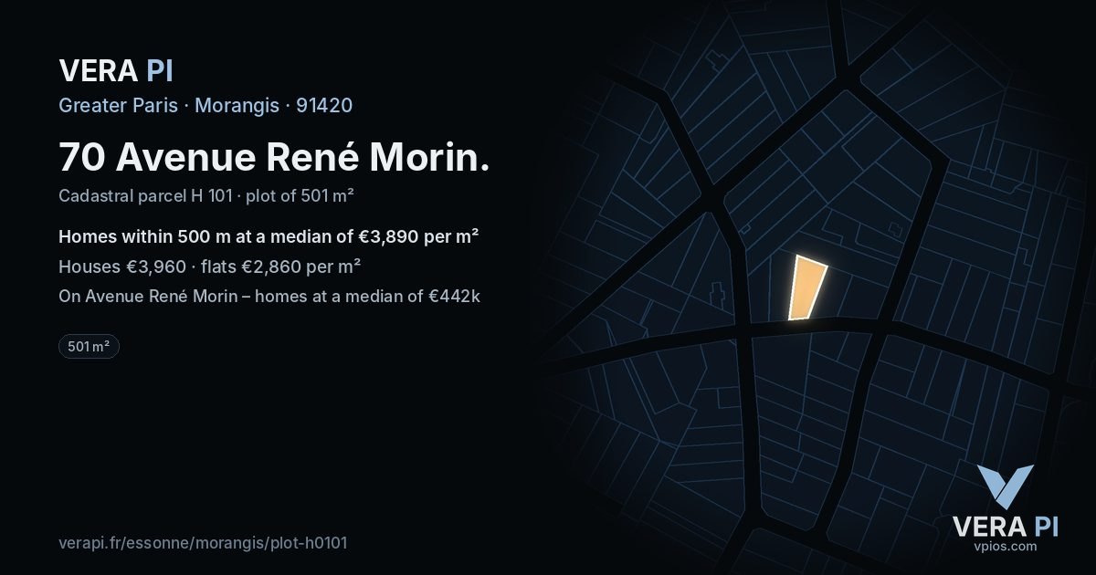 70 Avenue René Morin, Morangis at night – the plot lit, the parcels around coloured by the prices near them