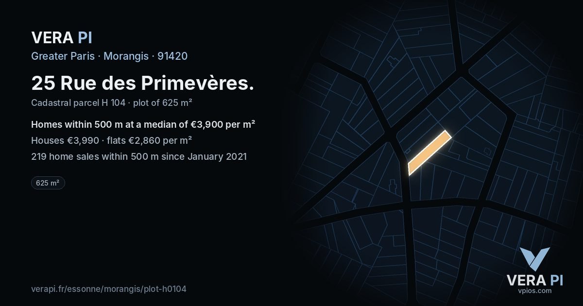 25 Rue des Primevères, Morangis at night – the plot lit, the parcels around coloured by the prices near them
