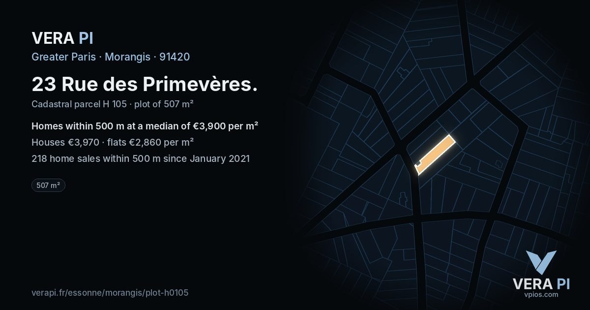 23 Rue des Primevères, Morangis at night – the plot lit, the parcels around coloured by the prices near them