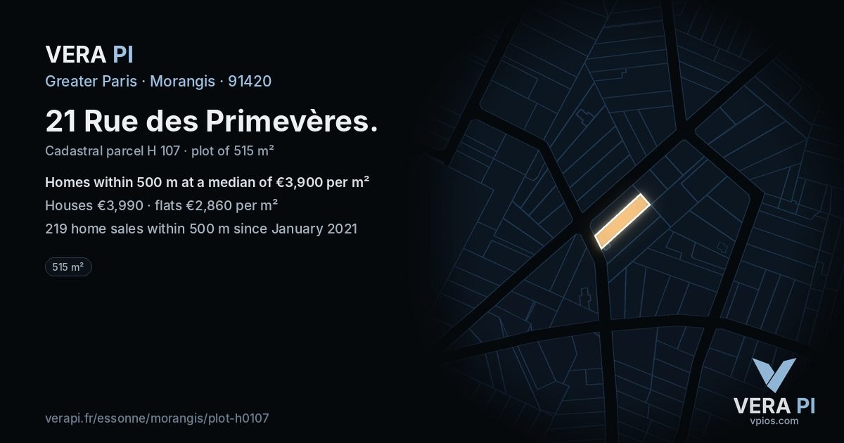 21 Rue des Primevères, Morangis at night – the plot lit, the parcels around coloured by the prices near them