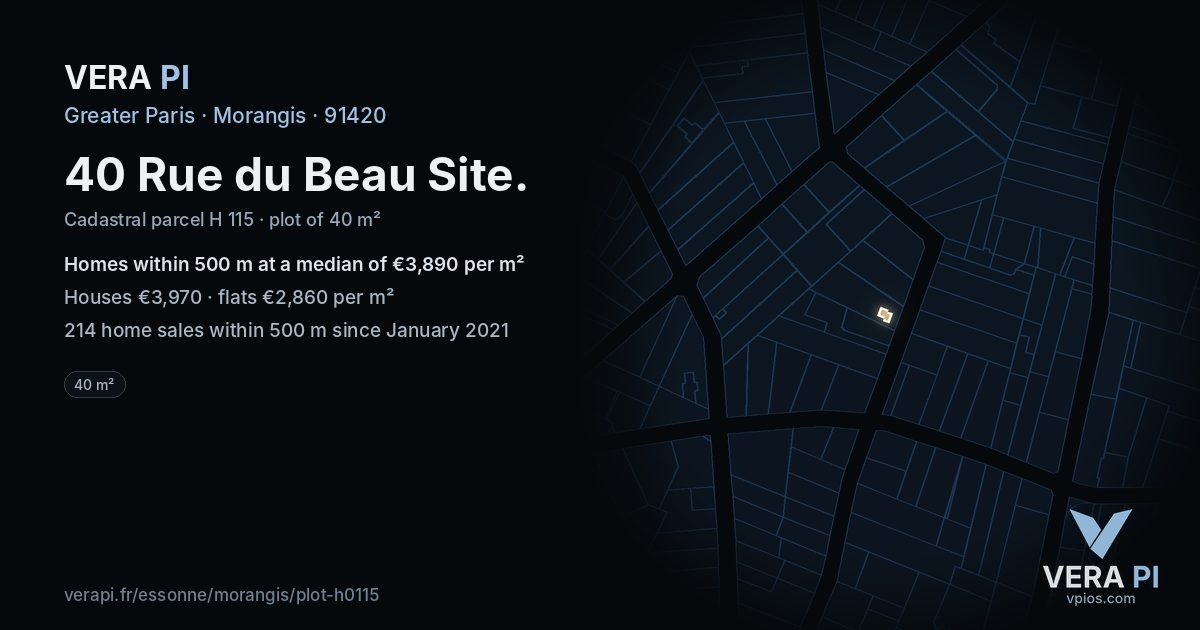 40 Rue du Beau Site, Morangis at night – the plot lit, the parcels around coloured by the prices near them