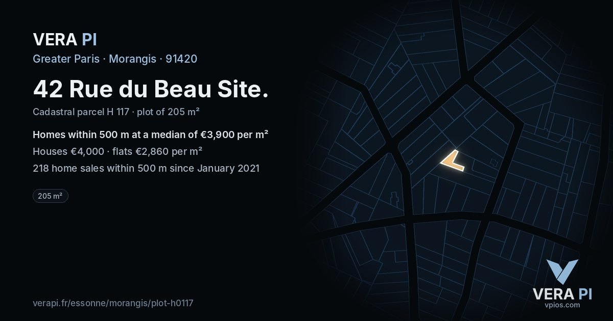 42 Rue du Beau Site, Morangis at night – the plot lit, the parcels around coloured by the prices near them