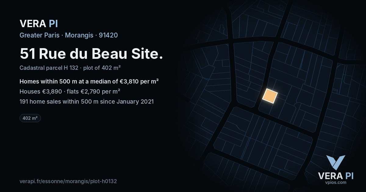 51 Rue du Beau Site, Morangis at night – the plot lit, the parcels around coloured by the prices near them