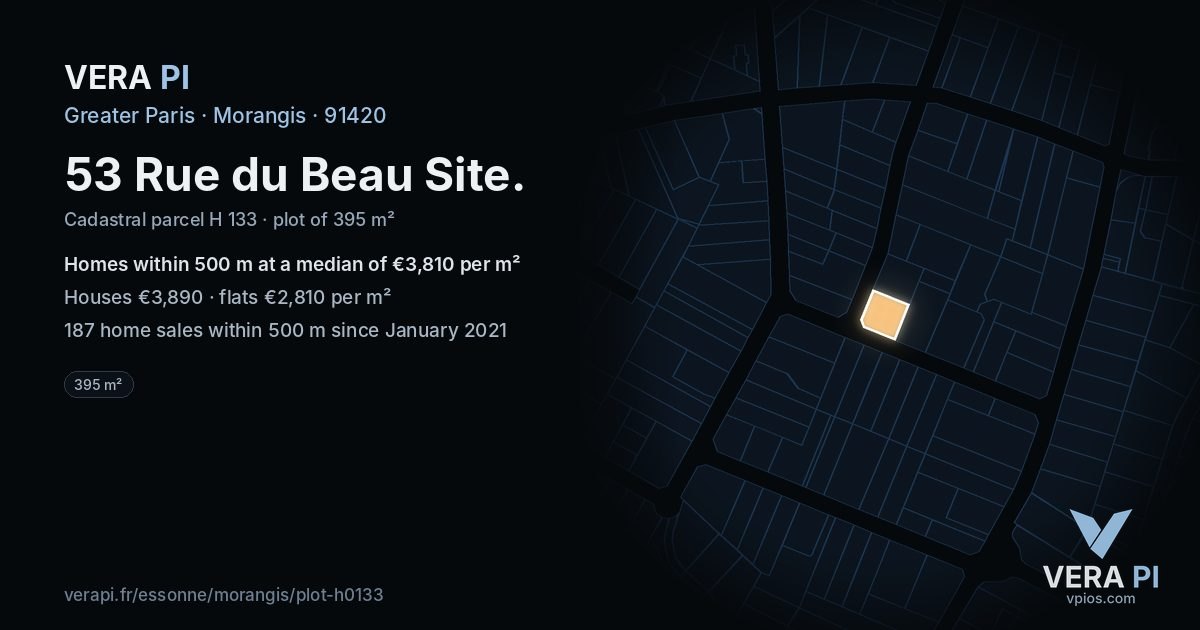 53 Rue du Beau Site, Morangis at night – the plot lit, the parcels around coloured by the prices near them