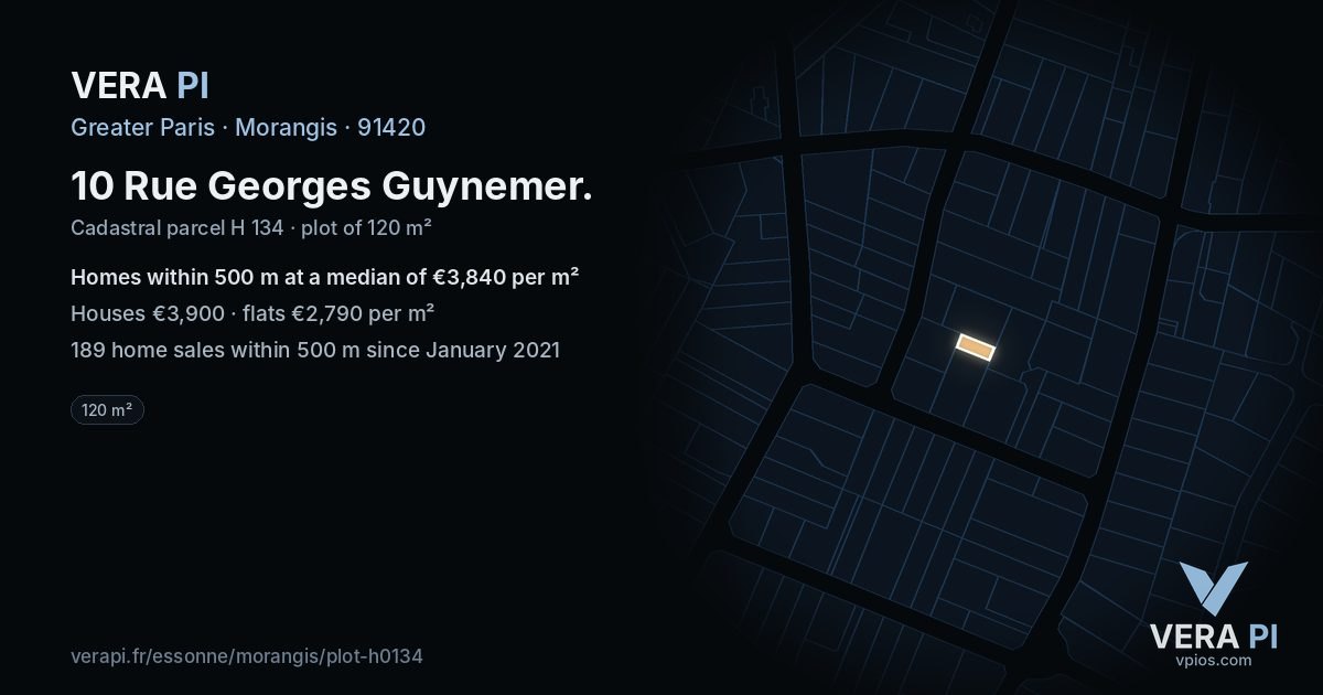 10 Rue Georges Guynemer, Morangis at night – the plot lit, the parcels around coloured by the prices near them