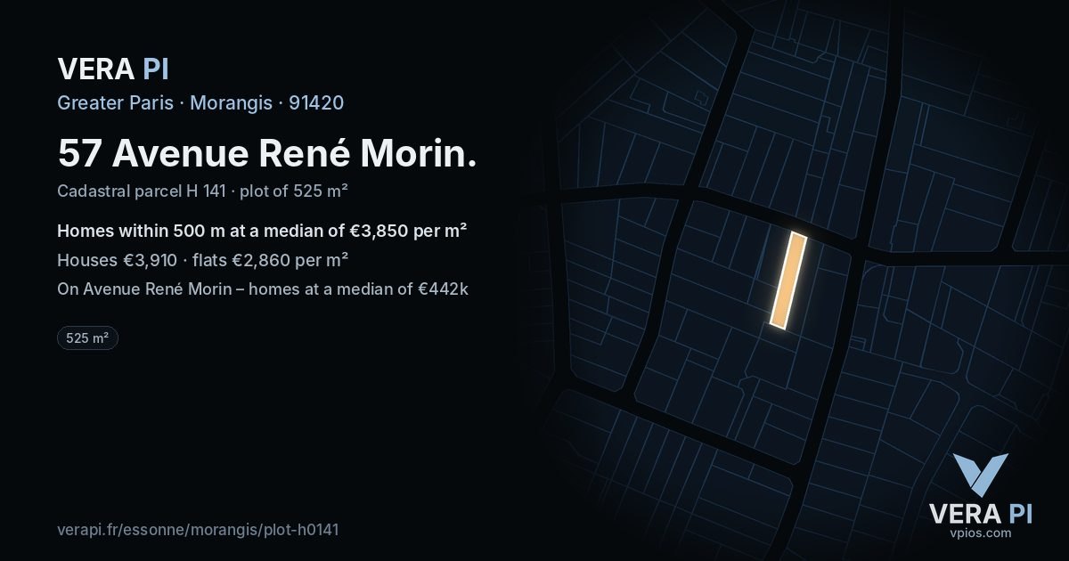 57 Avenue René Morin, Morangis at night – the plot lit, the parcels around coloured by the prices near them