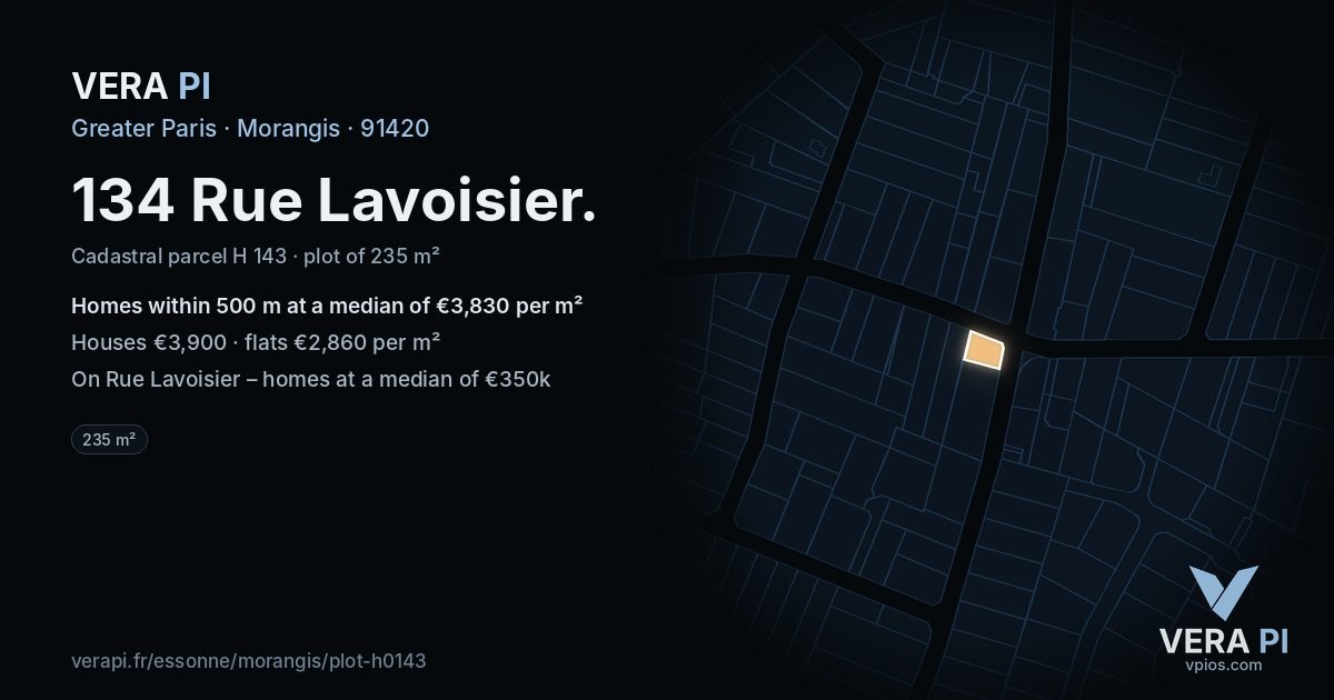 134 Rue Lavoisier, Morangis at night – the plot lit, the parcels around coloured by the prices near them