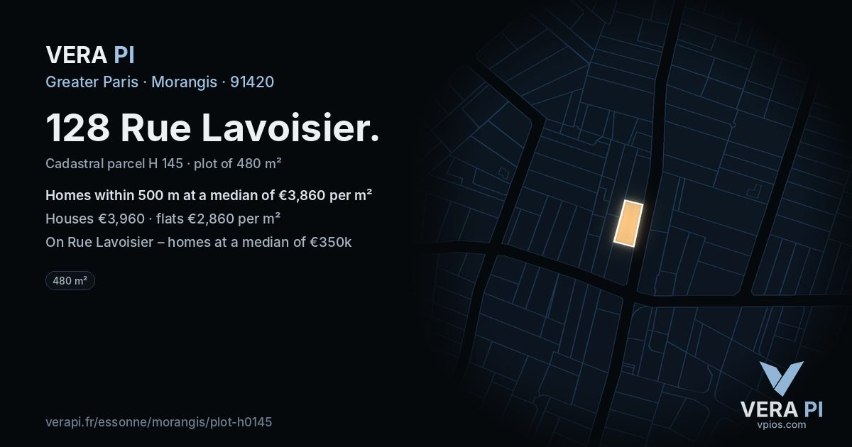 128 Rue Lavoisier, Morangis at night – the plot lit, the parcels around coloured by the prices near them