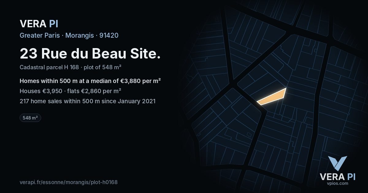 23 Rue du Beau Site, Morangis at night – the plot lit, the parcels around coloured by the prices near them