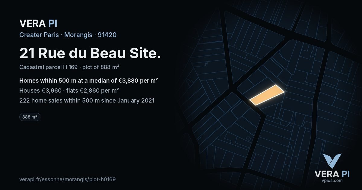 21 Rue du Beau Site, Morangis at night – the plot lit, the parcels around coloured by the prices near them