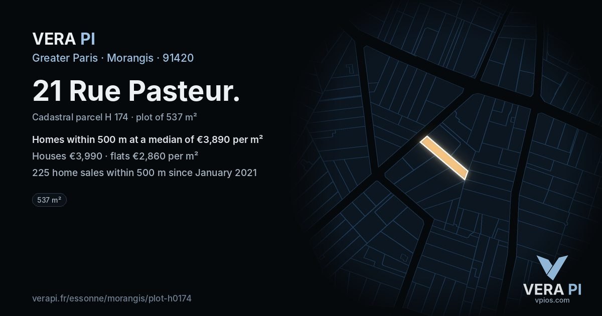 21 Rue Pasteur, Morangis at night – the plot lit, the parcels around coloured by the prices near them