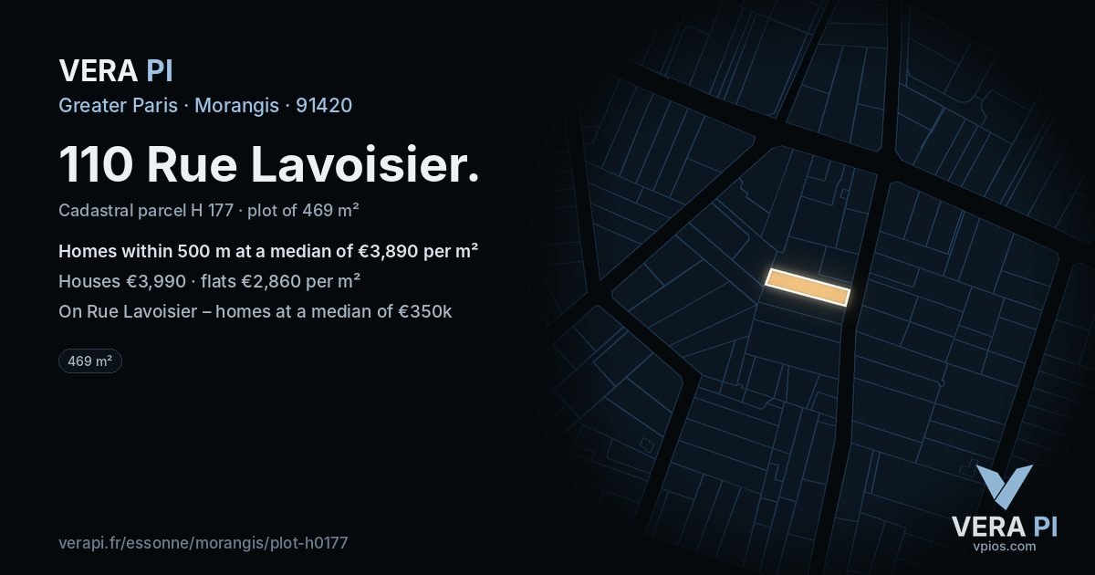 110 Rue Lavoisier, Morangis at night – the plot lit, the parcels around coloured by the prices near them