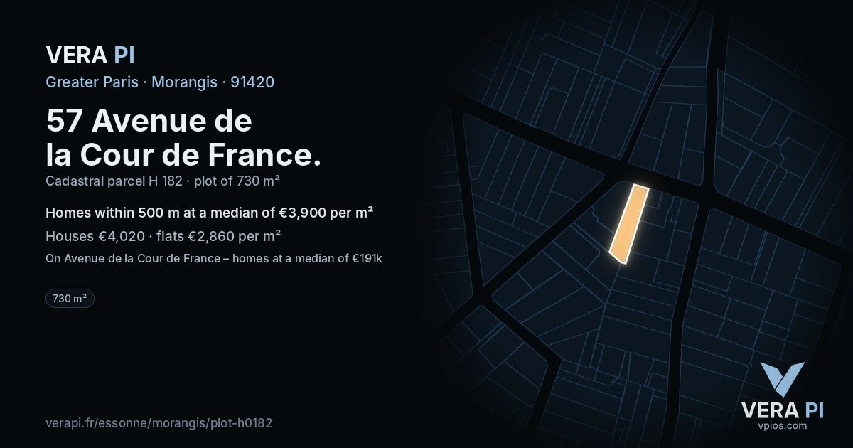57 Avenue de la Cour de France, Morangis at night – the plot lit, the parcels around coloured by the prices near them