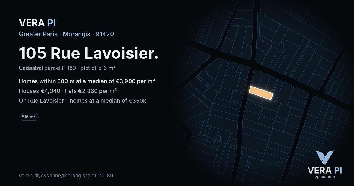 105 Rue Lavoisier, Morangis at night – the plot lit, the parcels around coloured by the prices near them